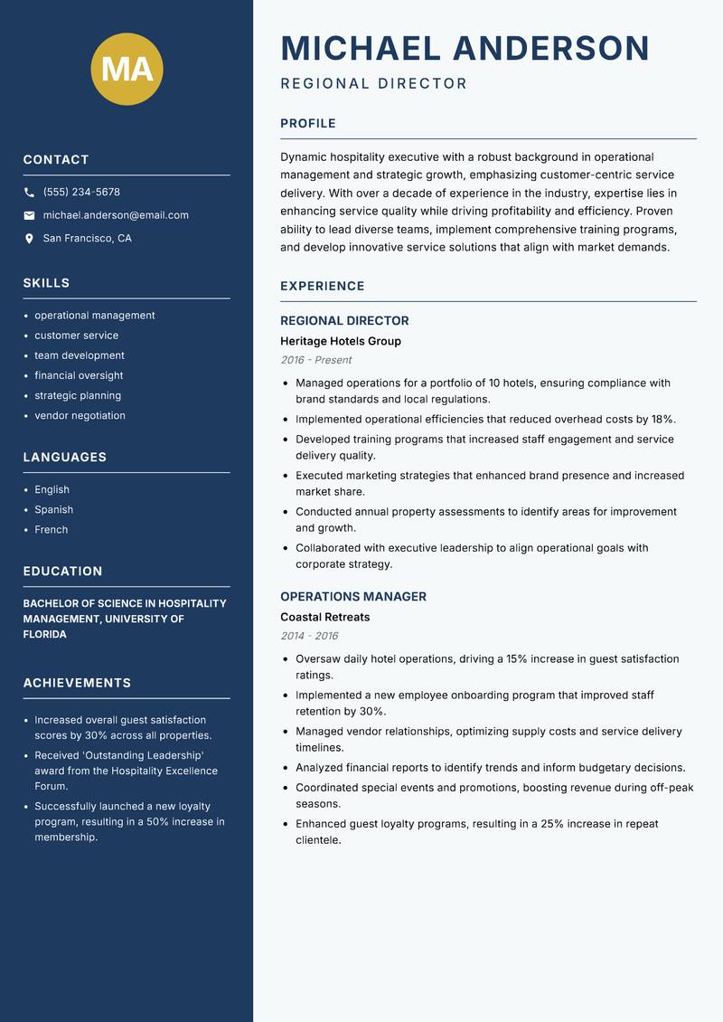 Head of Hospitality resume template — Classic Clean
