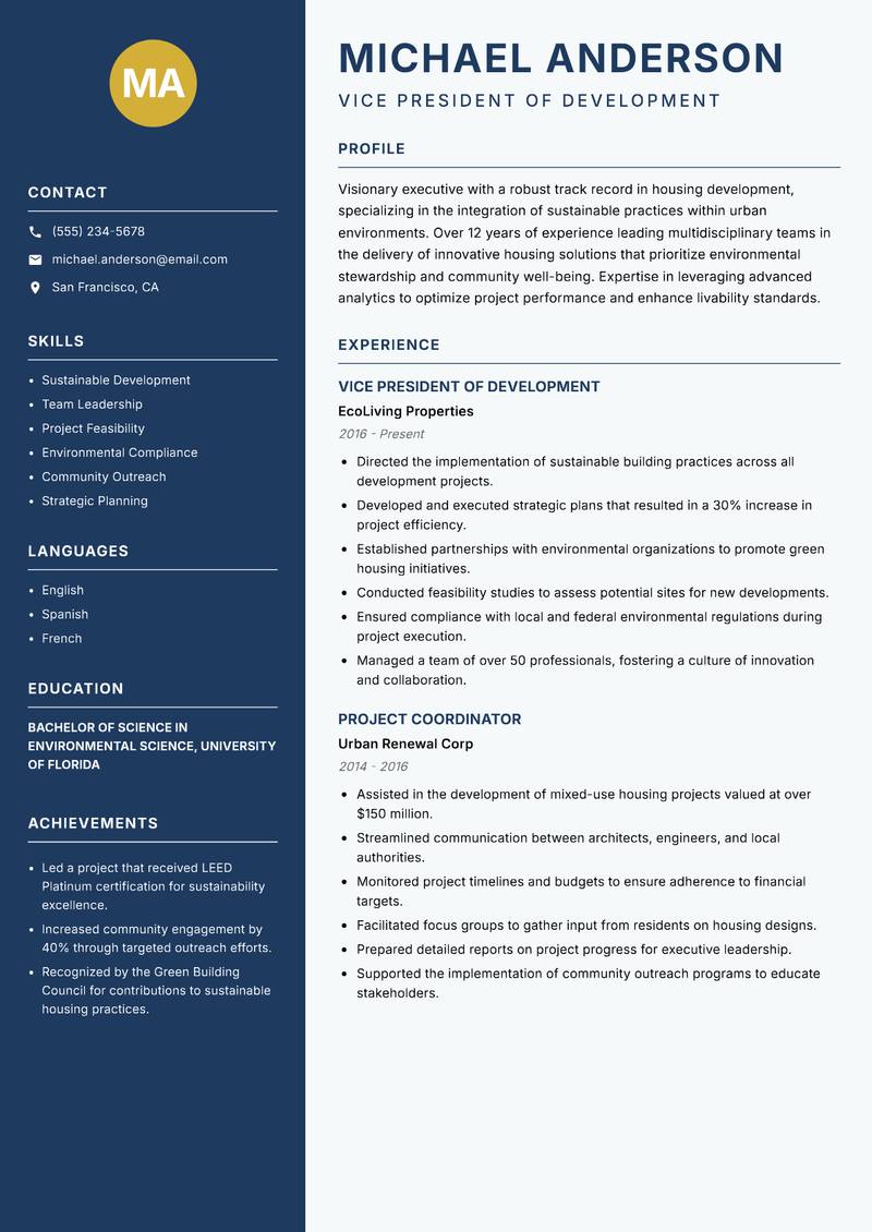 Head of Housing Development resume template — Classic Clean