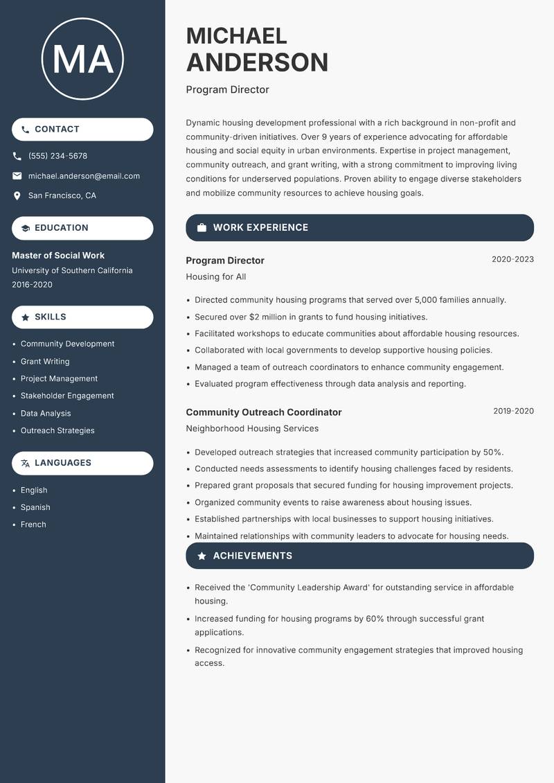 Head of Housing Development resume template — Compact