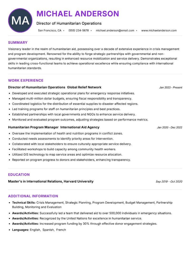 Head of Humanitarian Aid resume example — ATS-friendly template