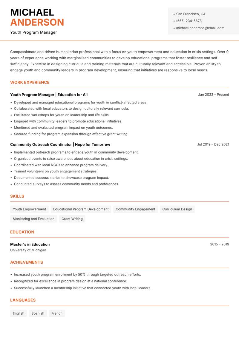 Head of Humanitarian Aid resume template — Modern Professional