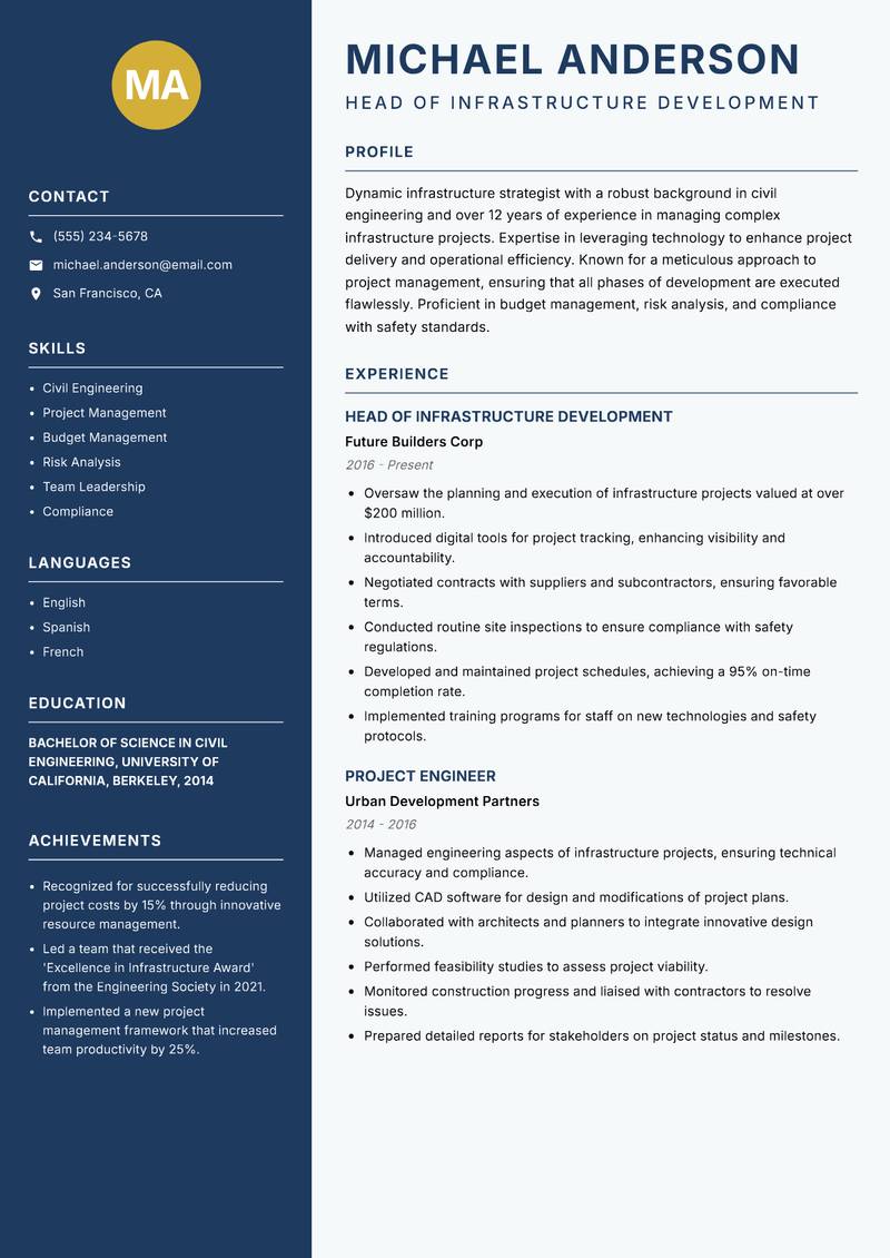 Head of Infrastructure Development resume template — Classic Clean