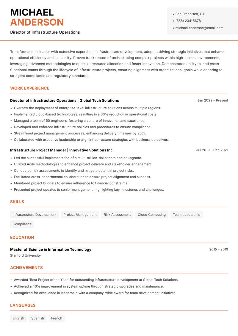 Head of Infrastructure Development resume template — Modern Professional