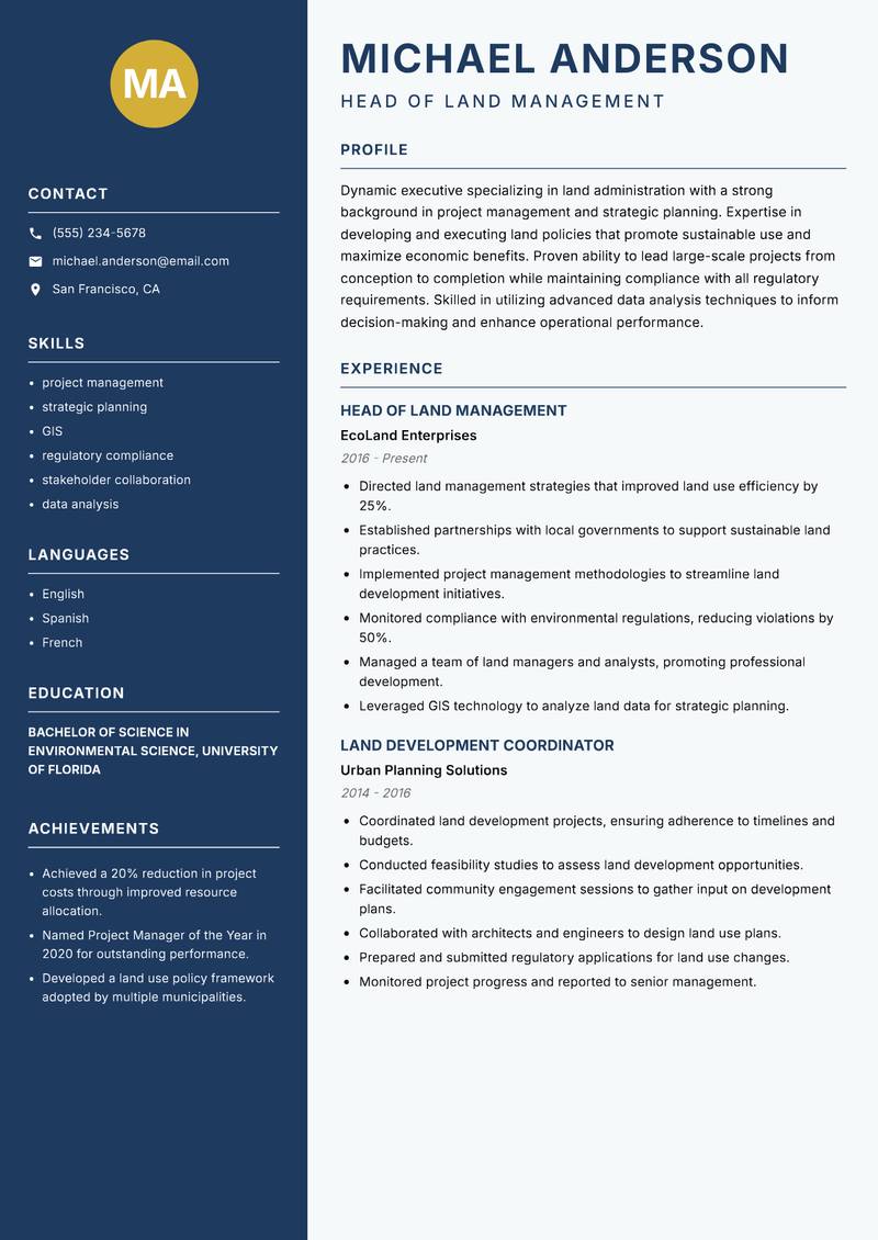 Head of Land Administration resume template — Classic Clean