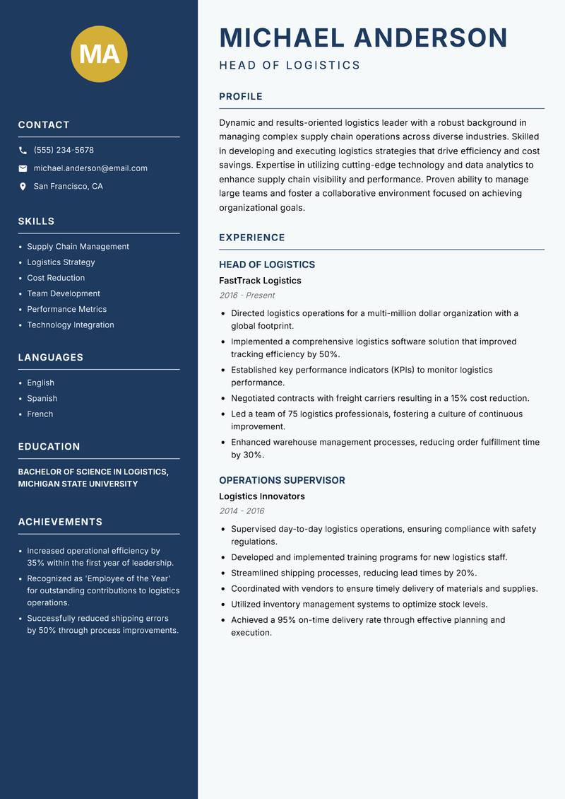 Head of Logistics resume template — Classic Clean