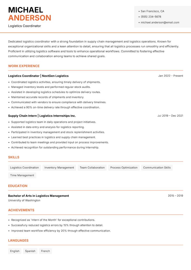 Head of Logistics resume template — Modern Professional