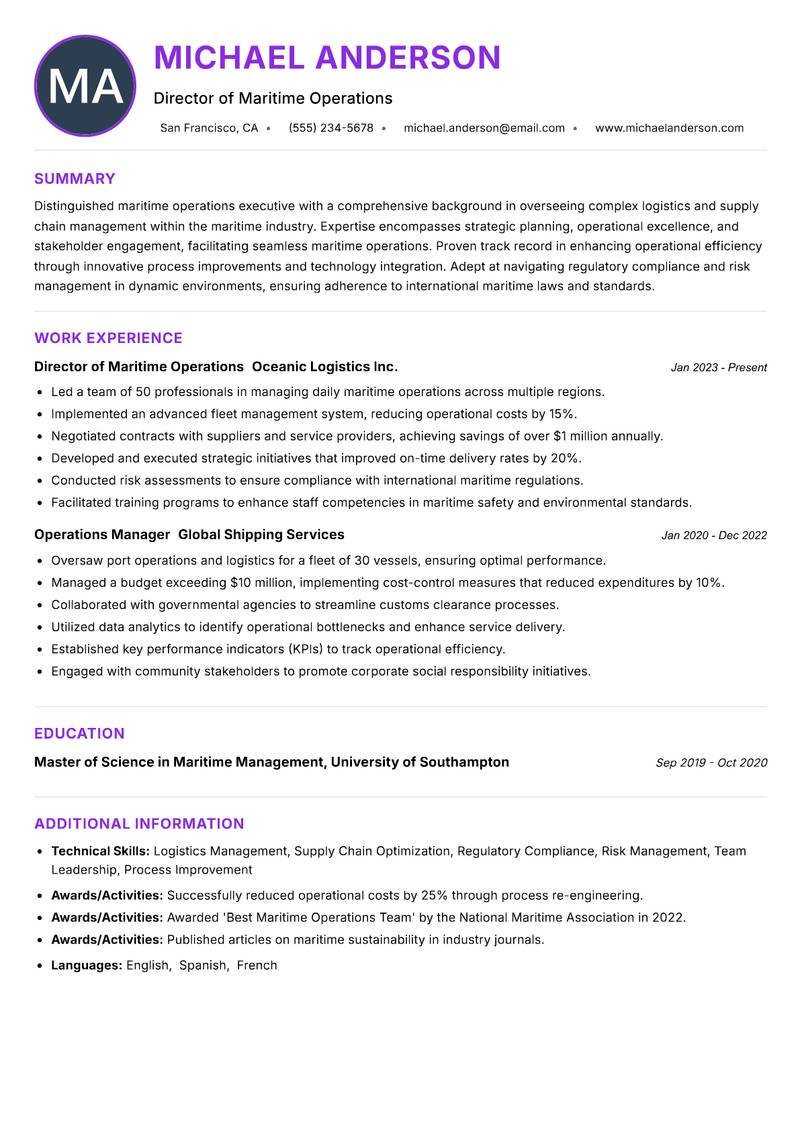 Head of Maritime Operations resume example — ATS-friendly template