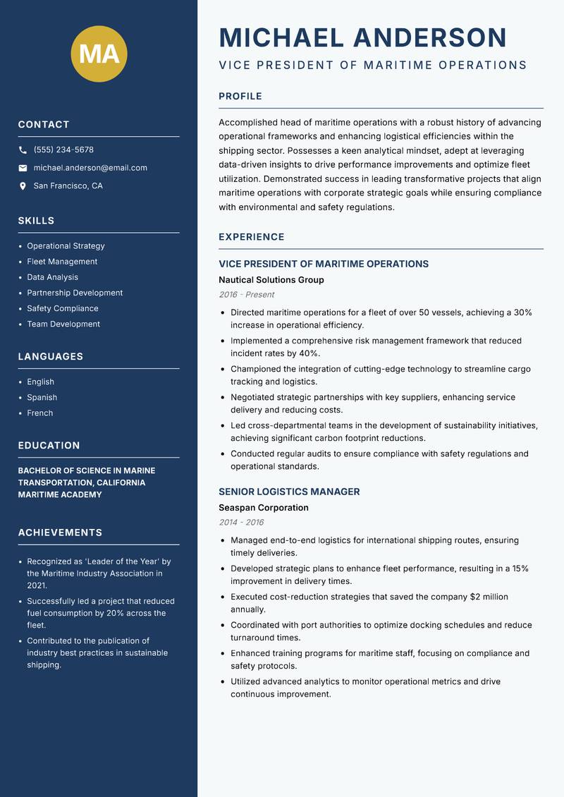 Head of Maritime Operations resume template — Classic Clean