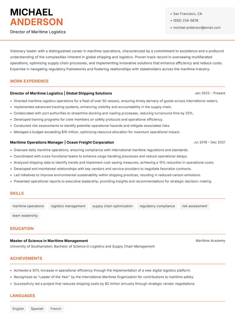 Head of Maritime Operations resume template — Modern Professional