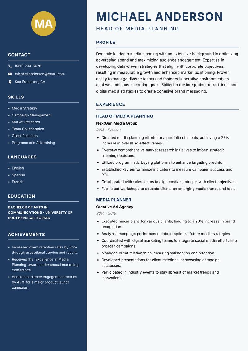 Head of Media Planning resume template — Classic Clean