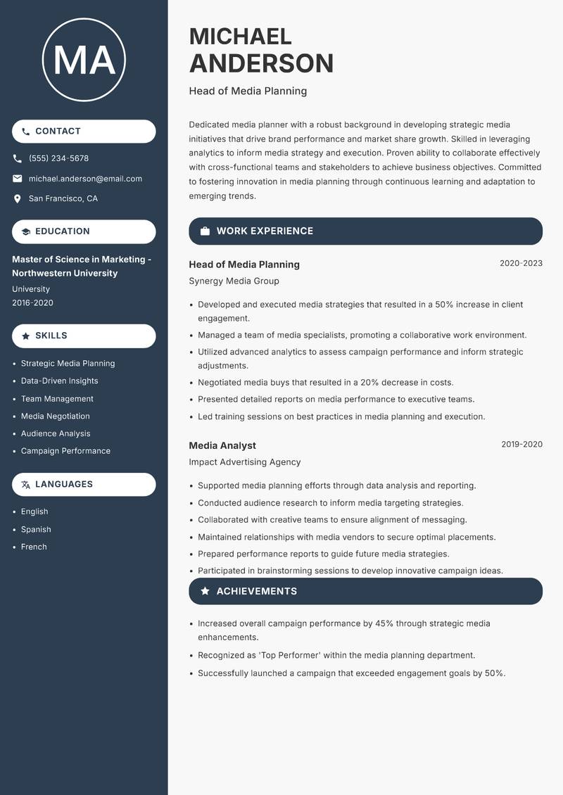 Head of Media Planning resume template — Compact
