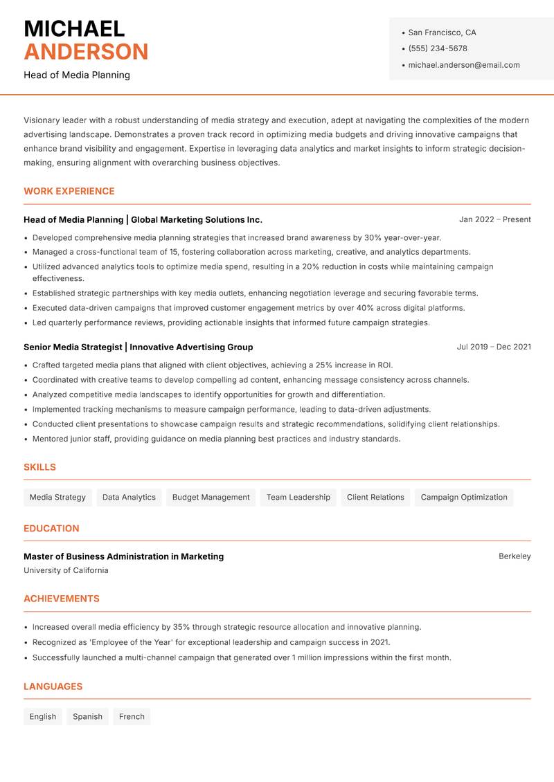 Head of Media Planning resume template — Modern Professional