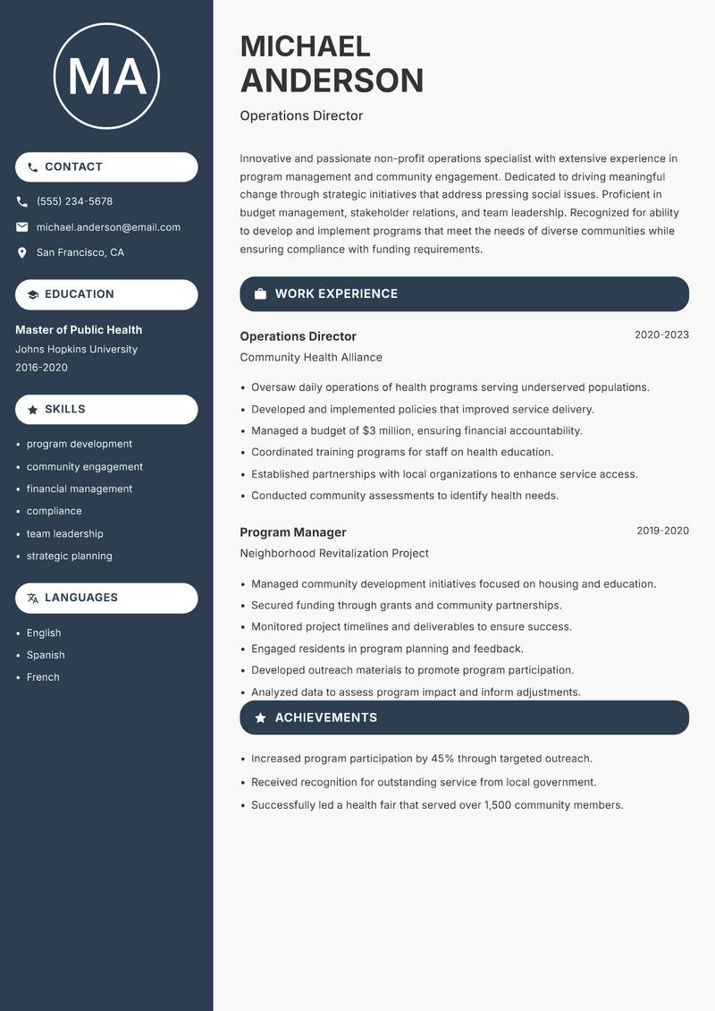 Head of Non-Profit Operations resume template — Compact