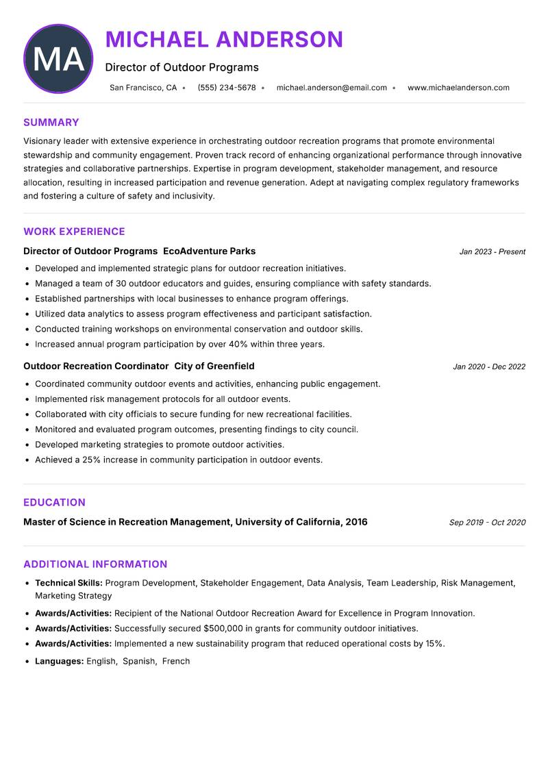 Head of Outdoor Recreation resume example — ATS-friendly template