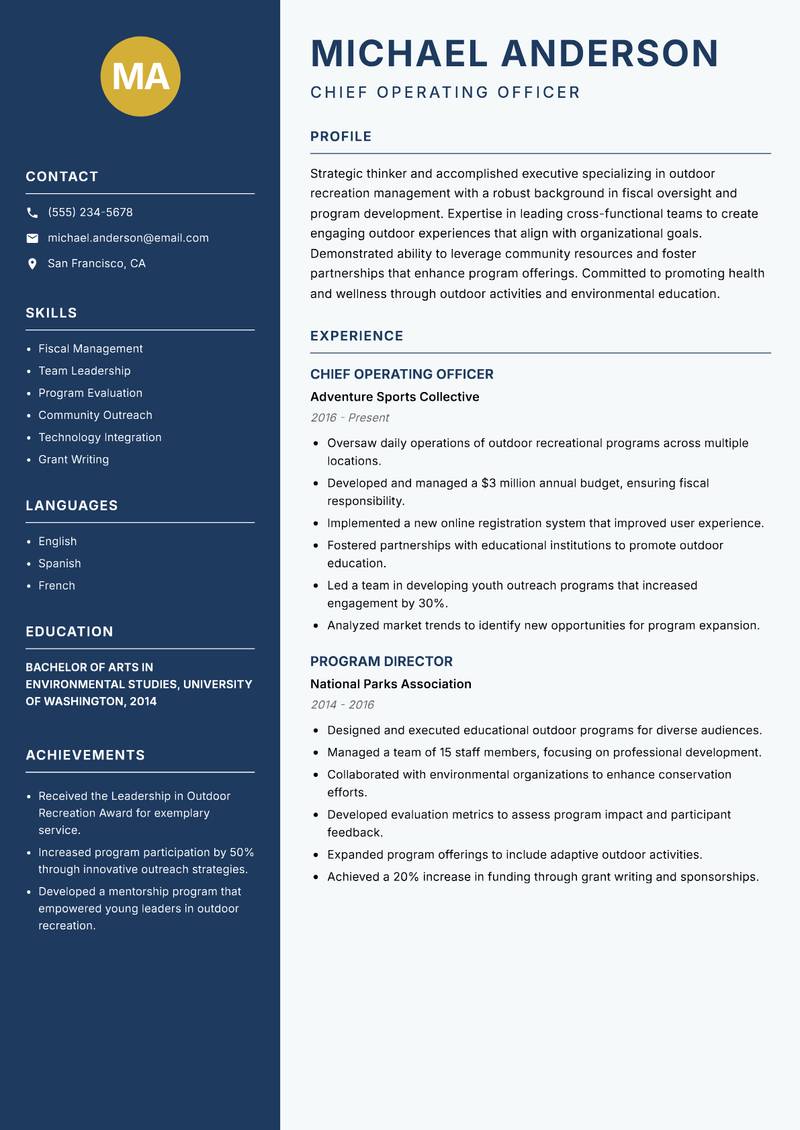 Head of Outdoor Recreation resume template — Classic Clean