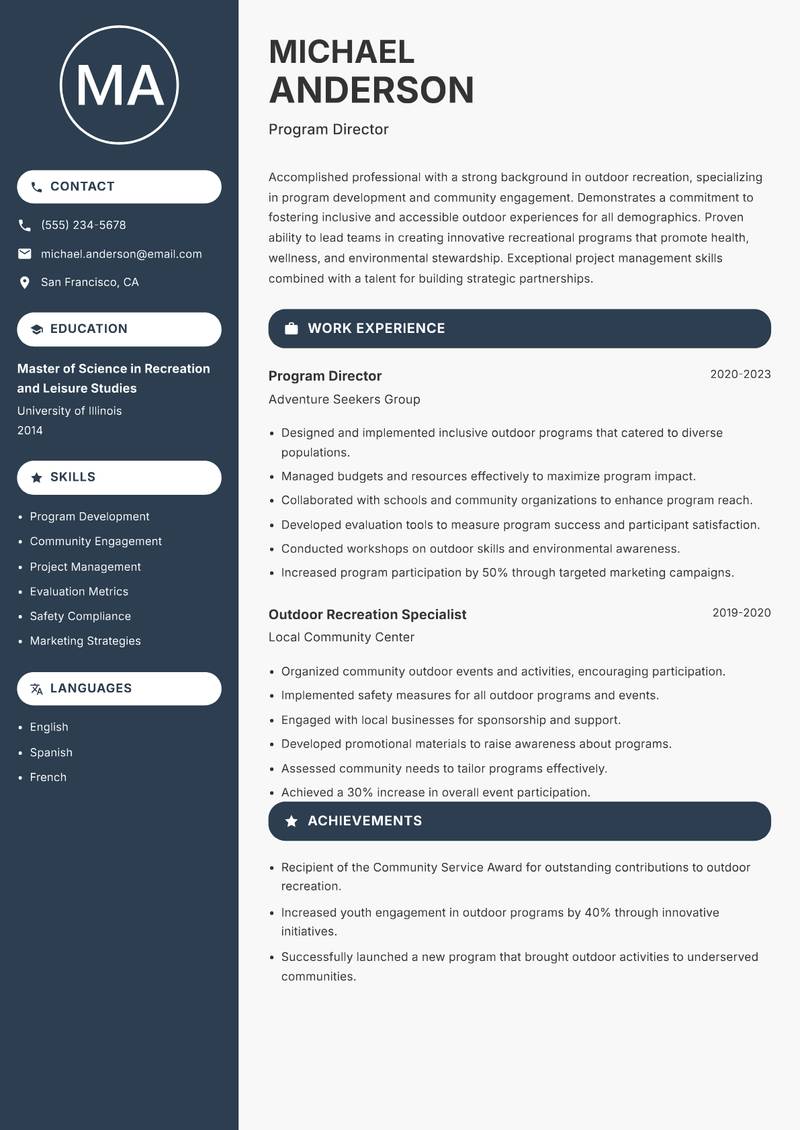 Head of Outdoor Recreation resume template — Compact