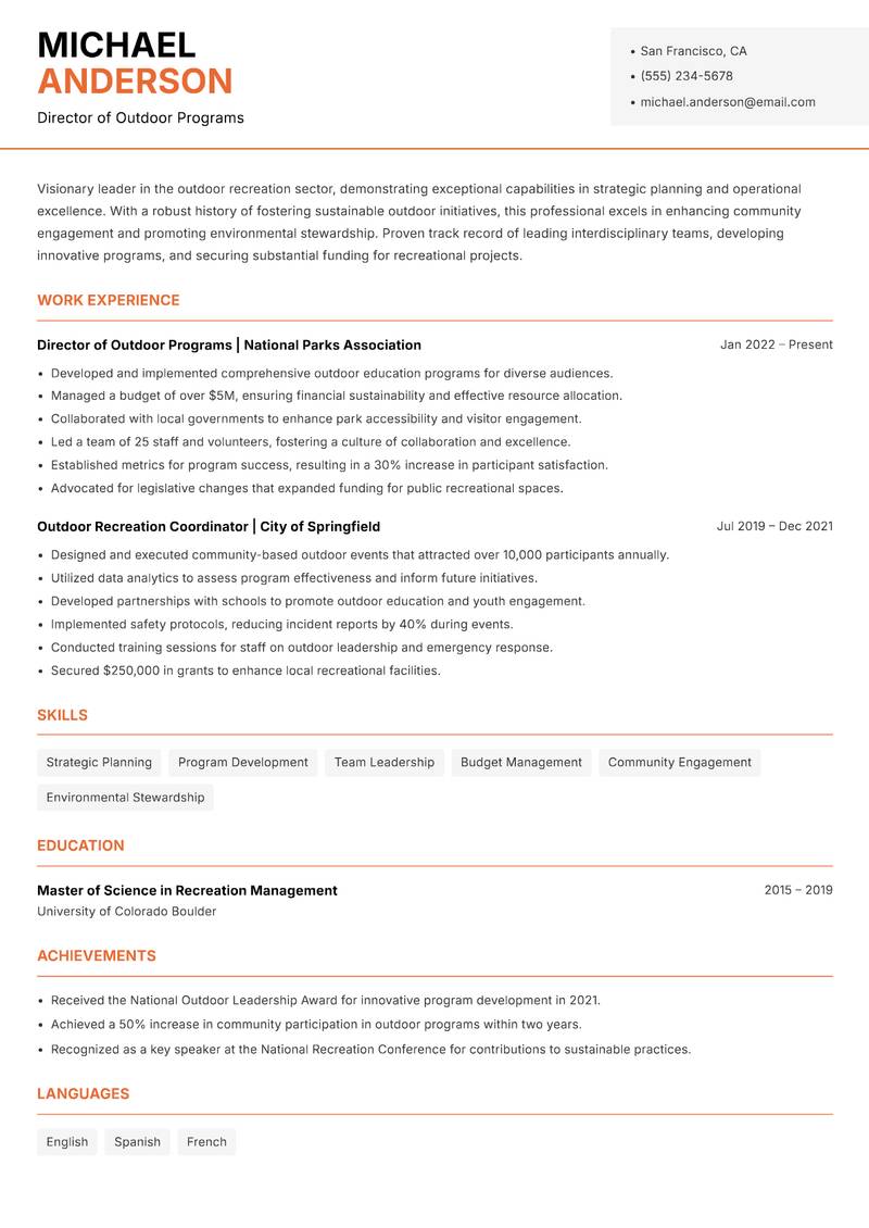 Head of Outdoor Recreation resume template — Modern Professional