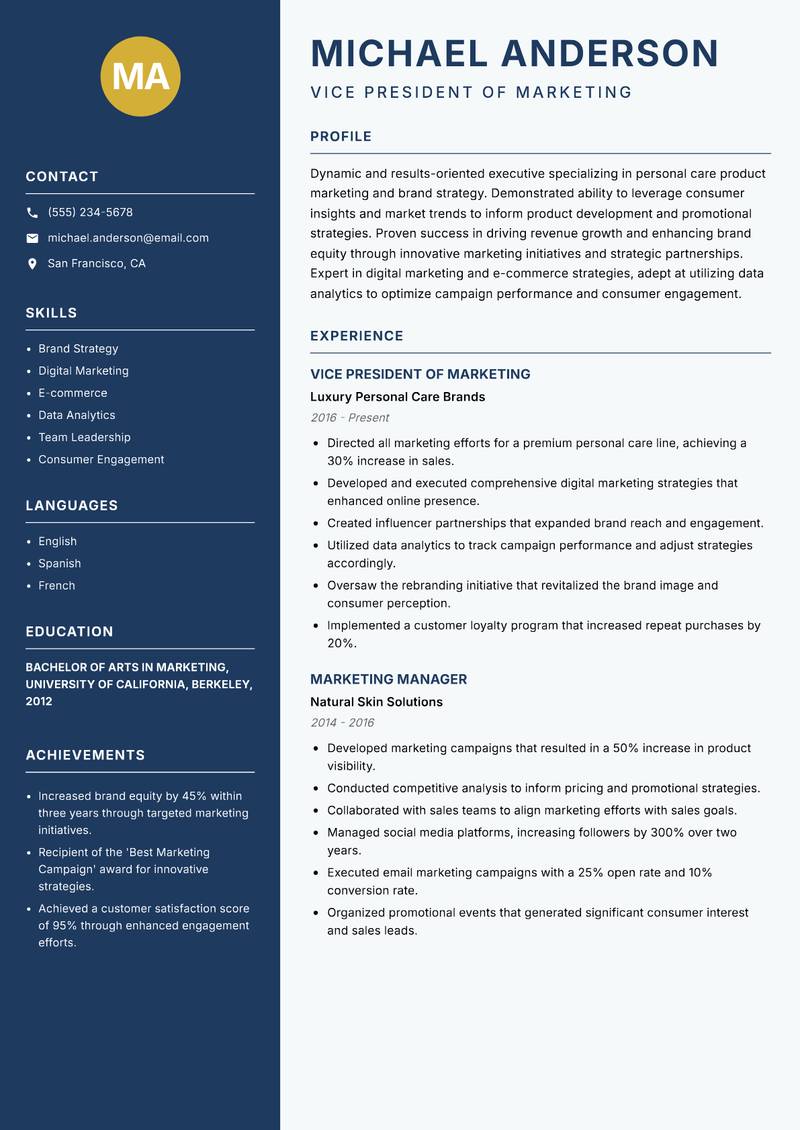 Head of Personal Care resume template — Classic Clean