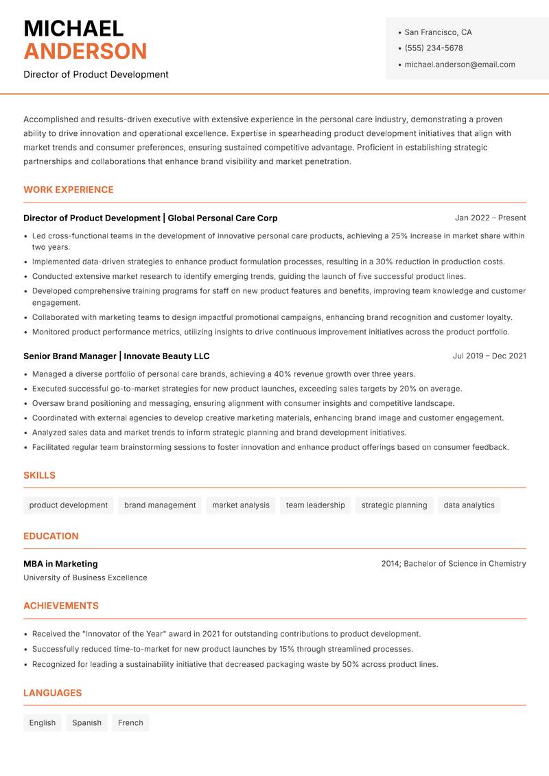 Head of Personal Care resume template — Modern Professional