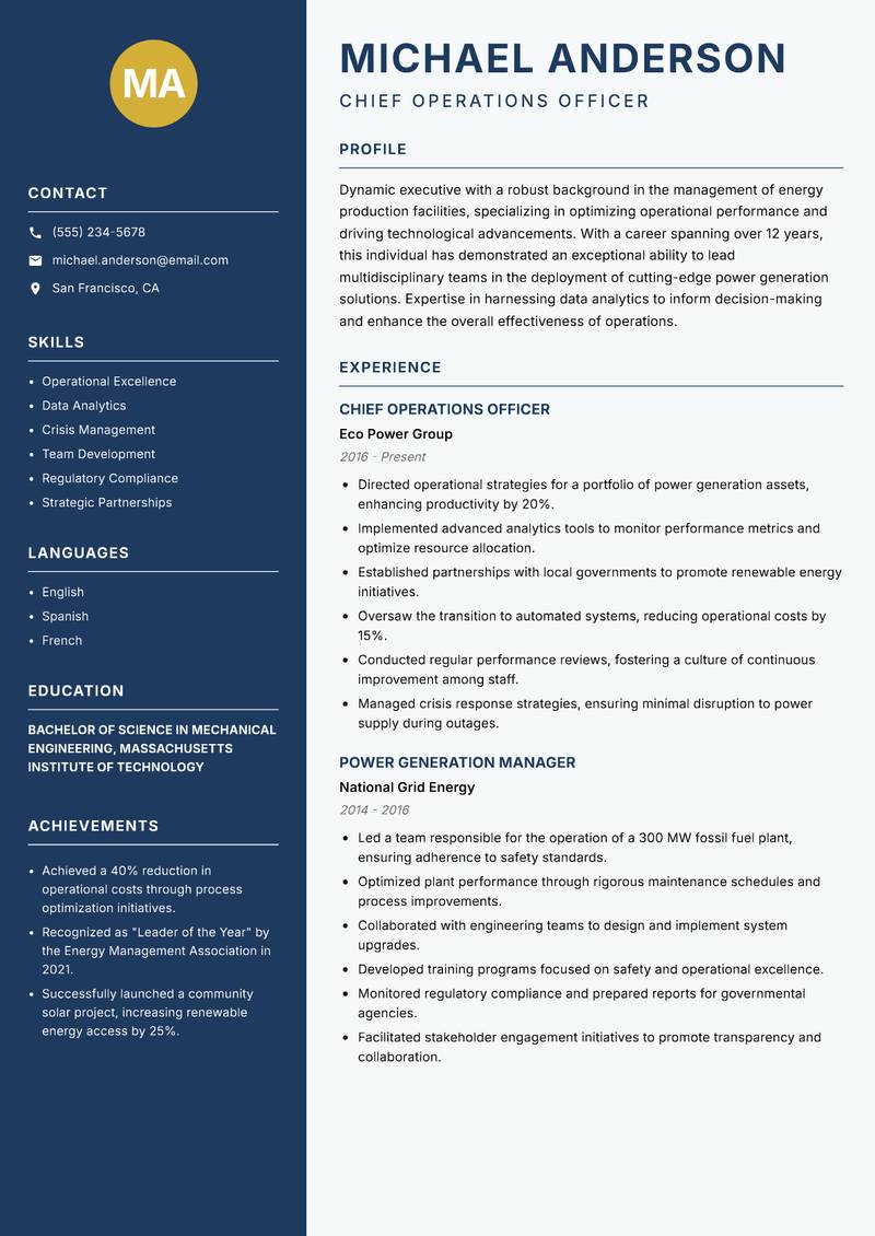 Head of Power Generation resume template — Classic Clean