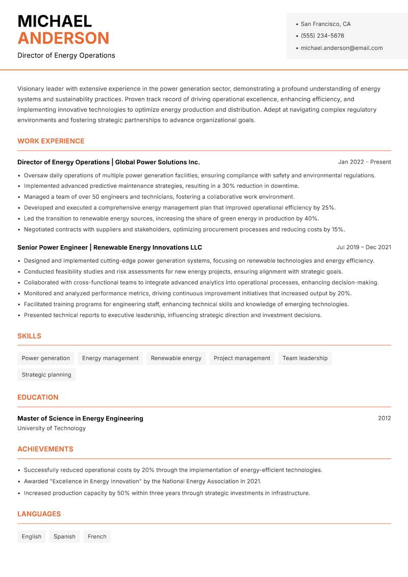 Head of Power Generation resume template — Modern Professional