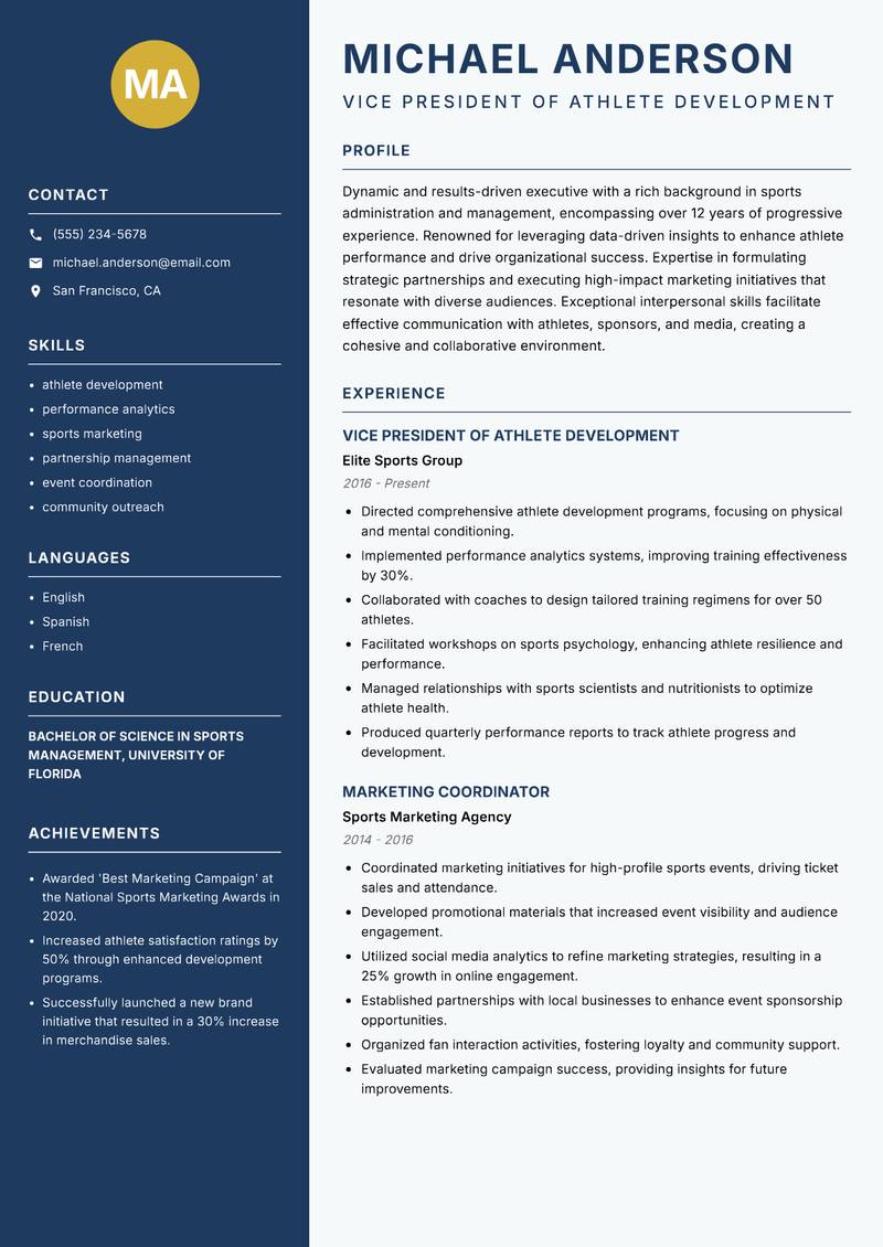 Head of Professional Sports resume template — Classic Clean