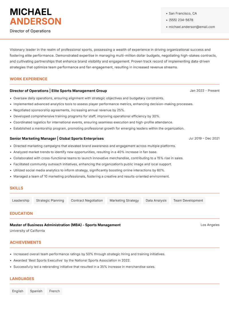 Head of Professional Sports resume template — Modern Professional