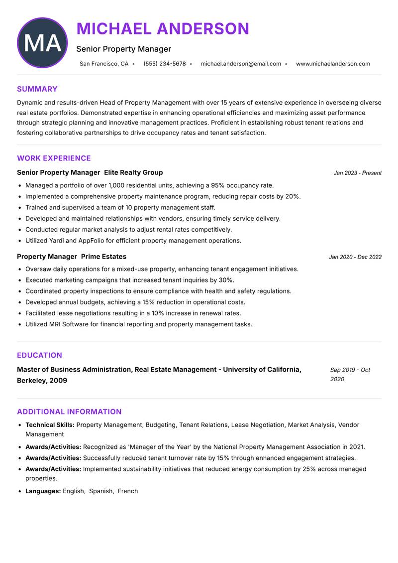 Head of Property Management resume example — ATS-friendly template