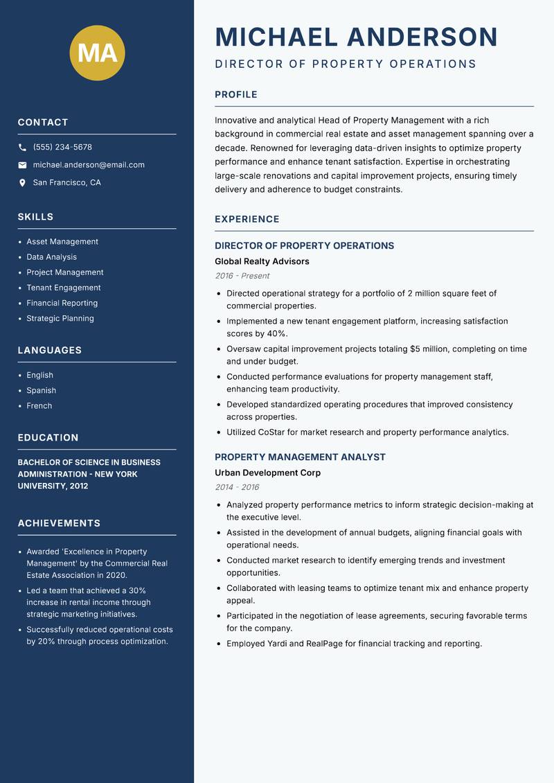 Head of Property Management resume template — Classic Clean