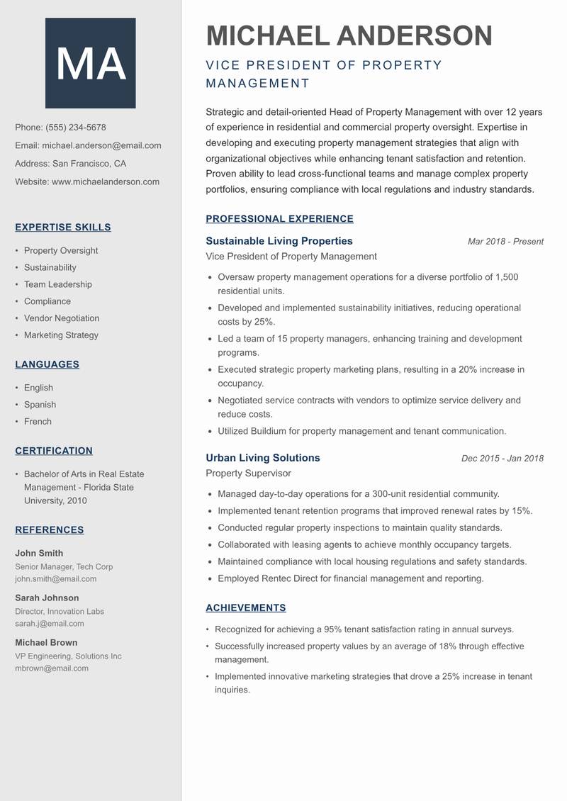 Head of Property Management resume template — Creative Minimal