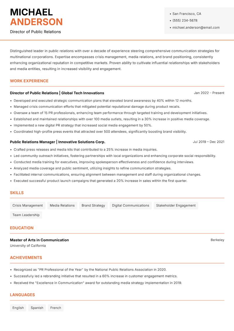 Head of Public Relations resume template — Modern Professional