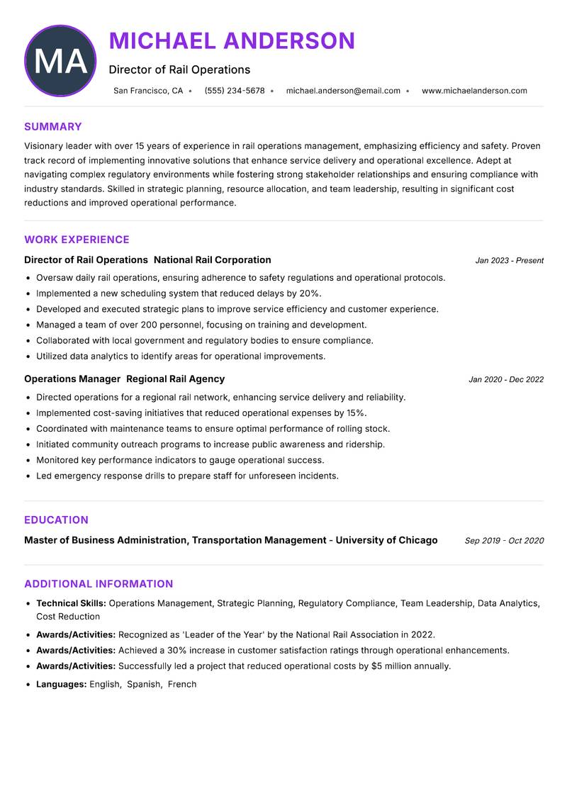 Head of Rail Operations resume example — ATS-friendly template