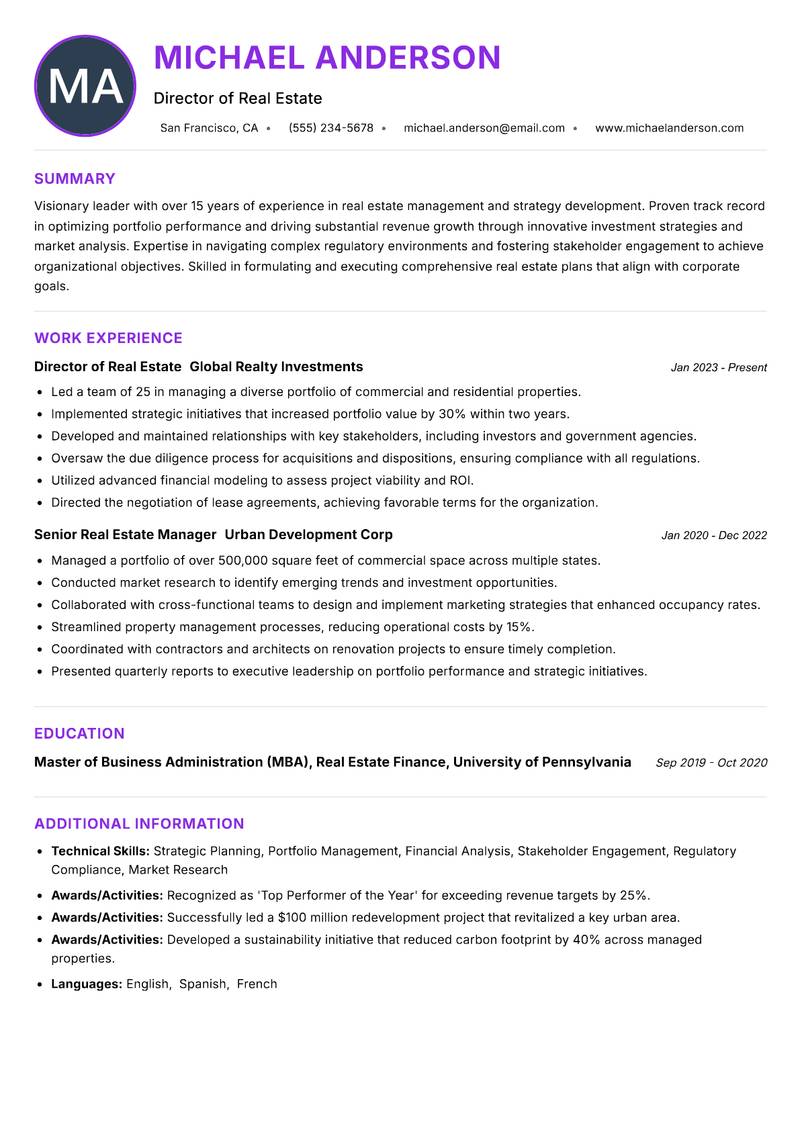Head of Real Estate resume example — ATS-friendly template