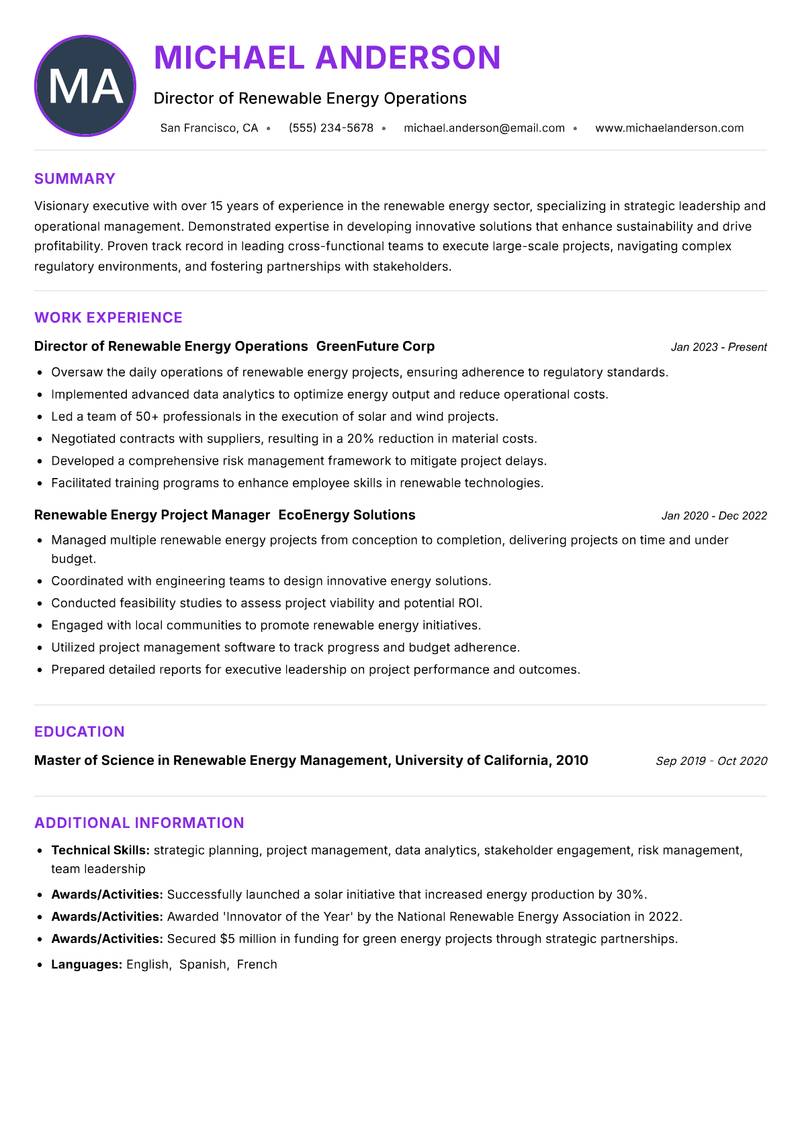 Head of Renewable Energy resume example — ATS-friendly template