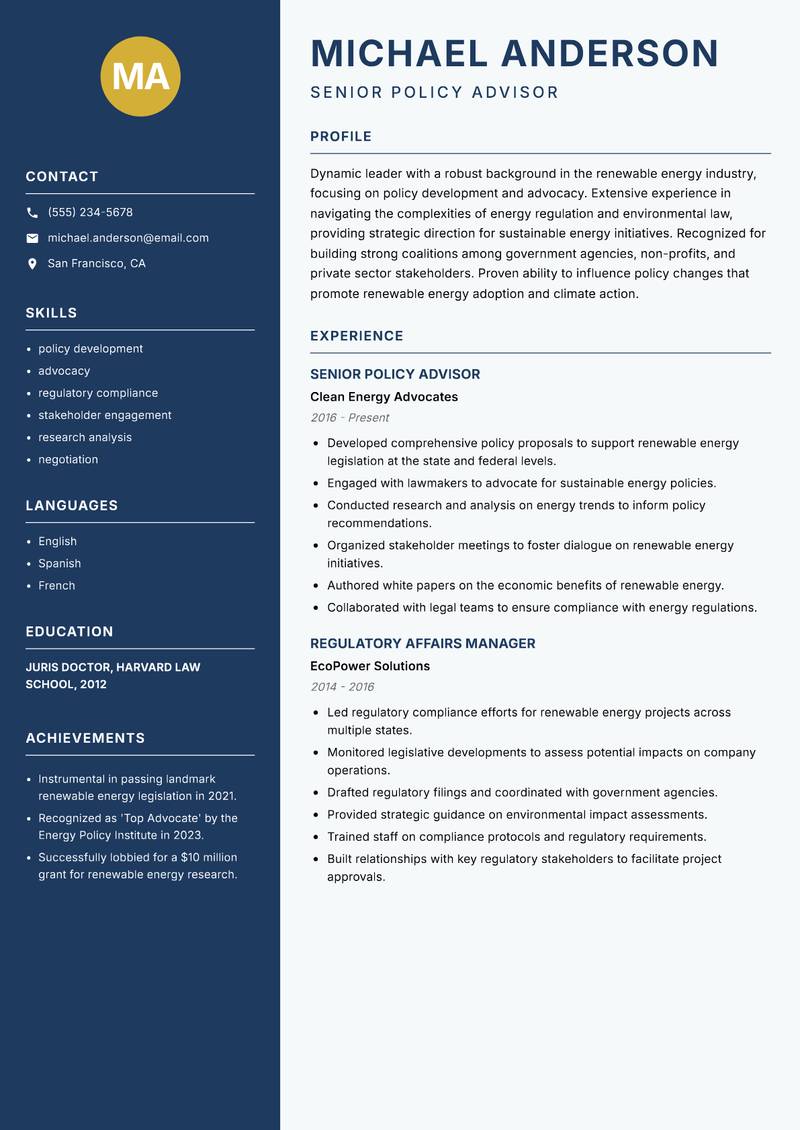Head of Renewable Energy resume template — Classic Clean