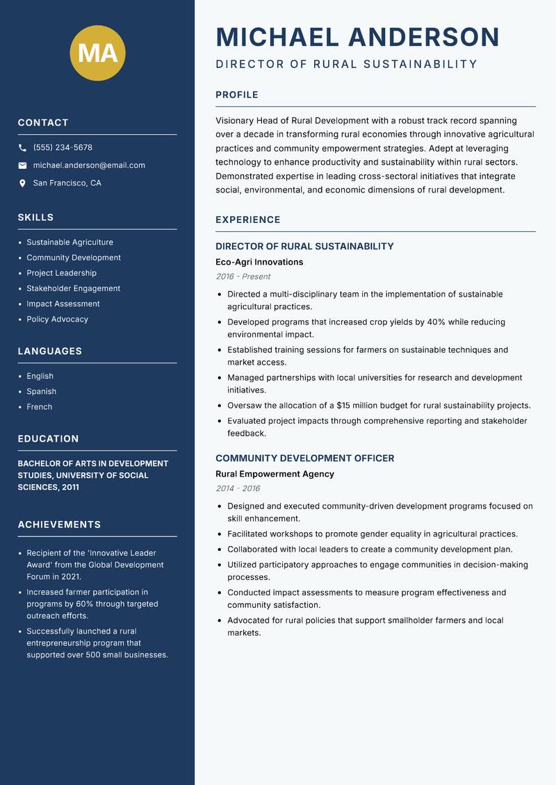 Head of Rural Development resume template — Classic Clean