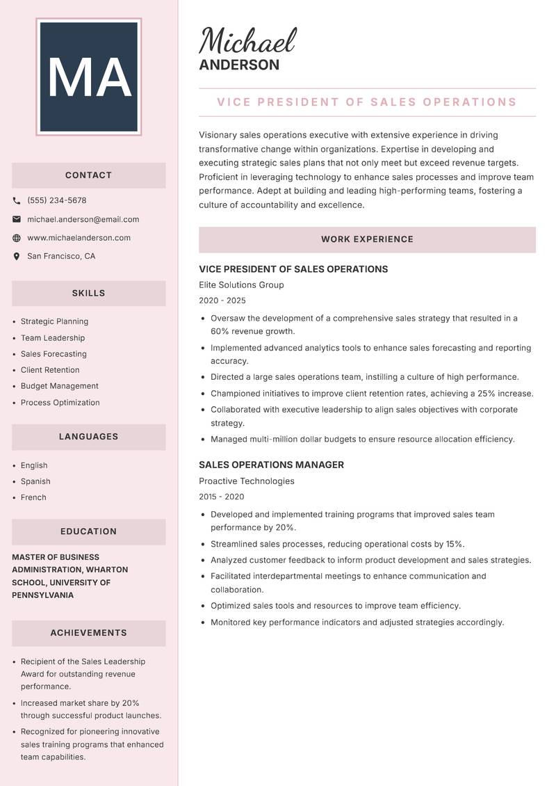 Head of Sales Operations resume template — Executive