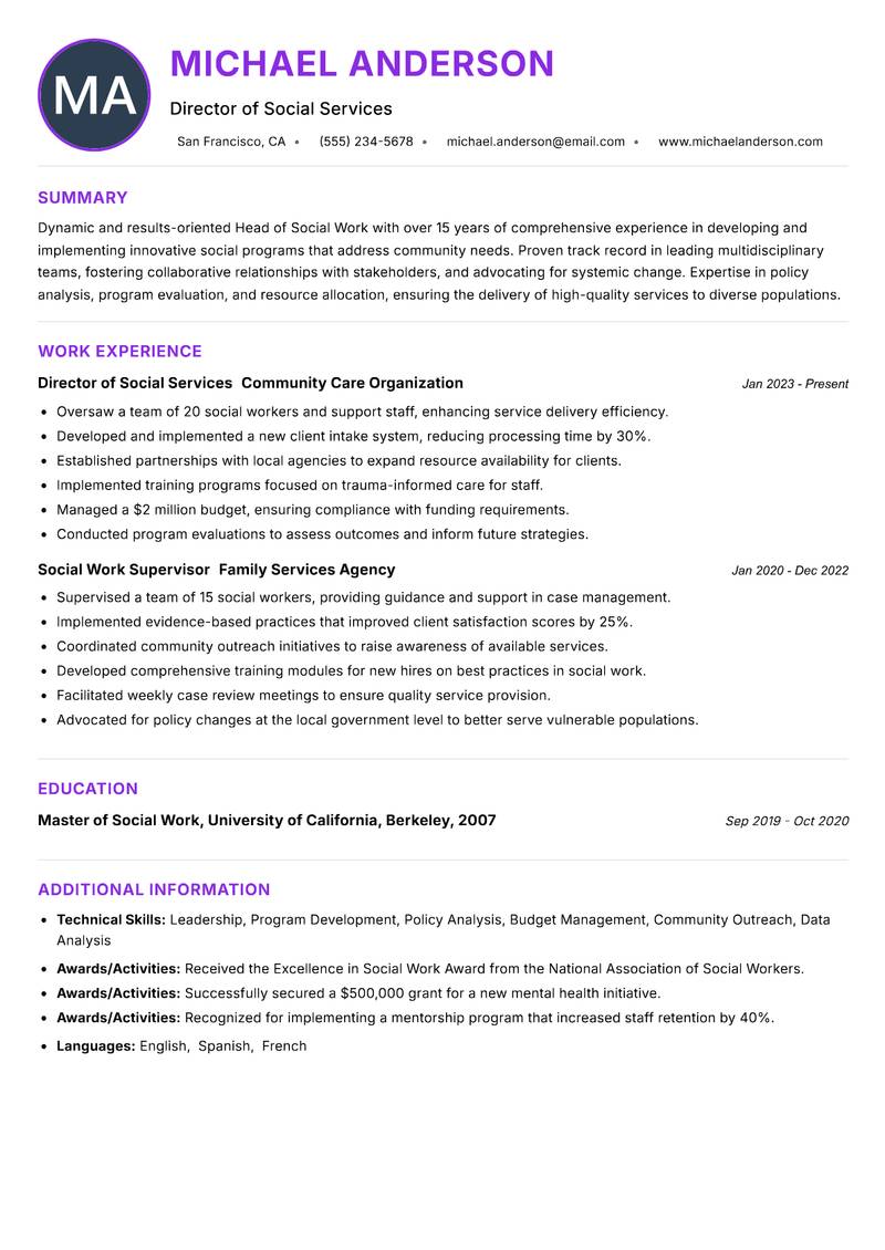 Head of Social Work resume example — ATS-friendly template