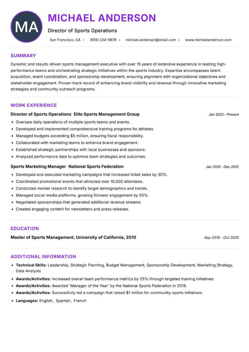 Head of Sports Management resume example — ATS-friendly template
