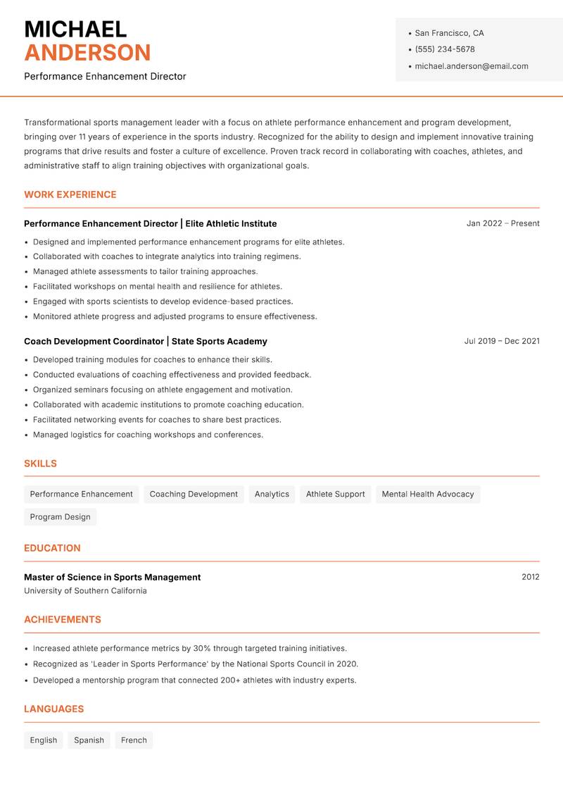 Head of Sports Management resume template — Modern Professional