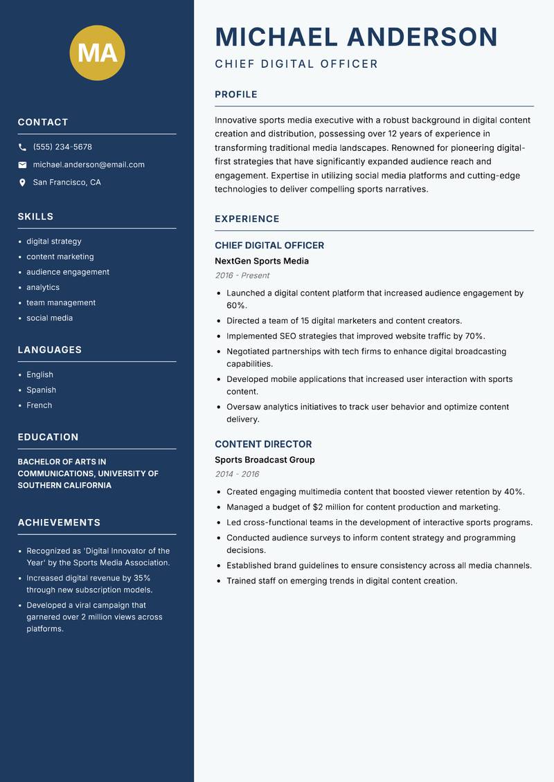 Head of Sports Media resume template — Classic Clean