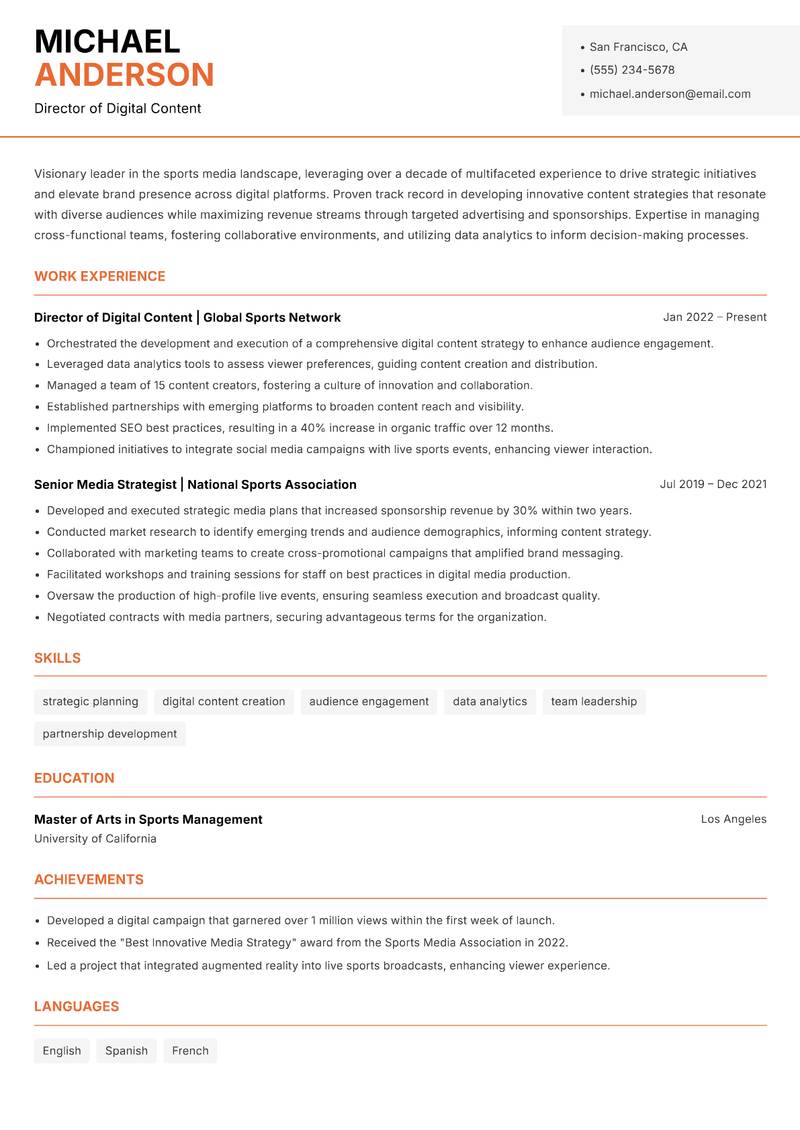 Head of Sports Media resume template — Modern Professional