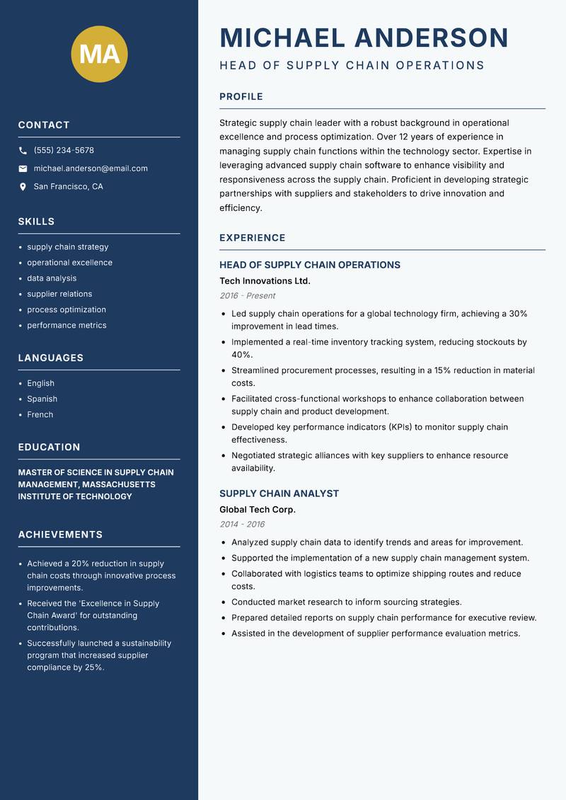 Head of Supply Chain resume template — Classic Clean
