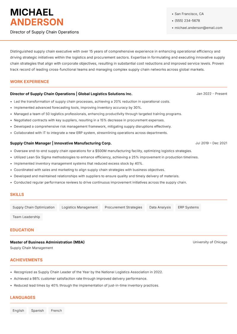 Head of Supply Chain resume template — Modern Professional