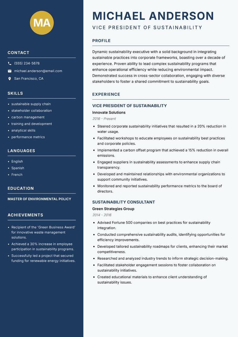 Head of Sustainability resume template — Classic Clean