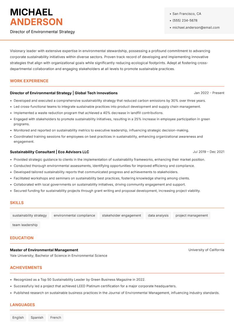 Head of Sustainability resume template — Modern Professional
