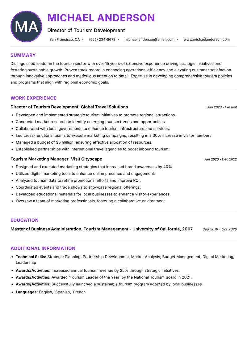 Head of Tourism resume example — ATS-friendly template