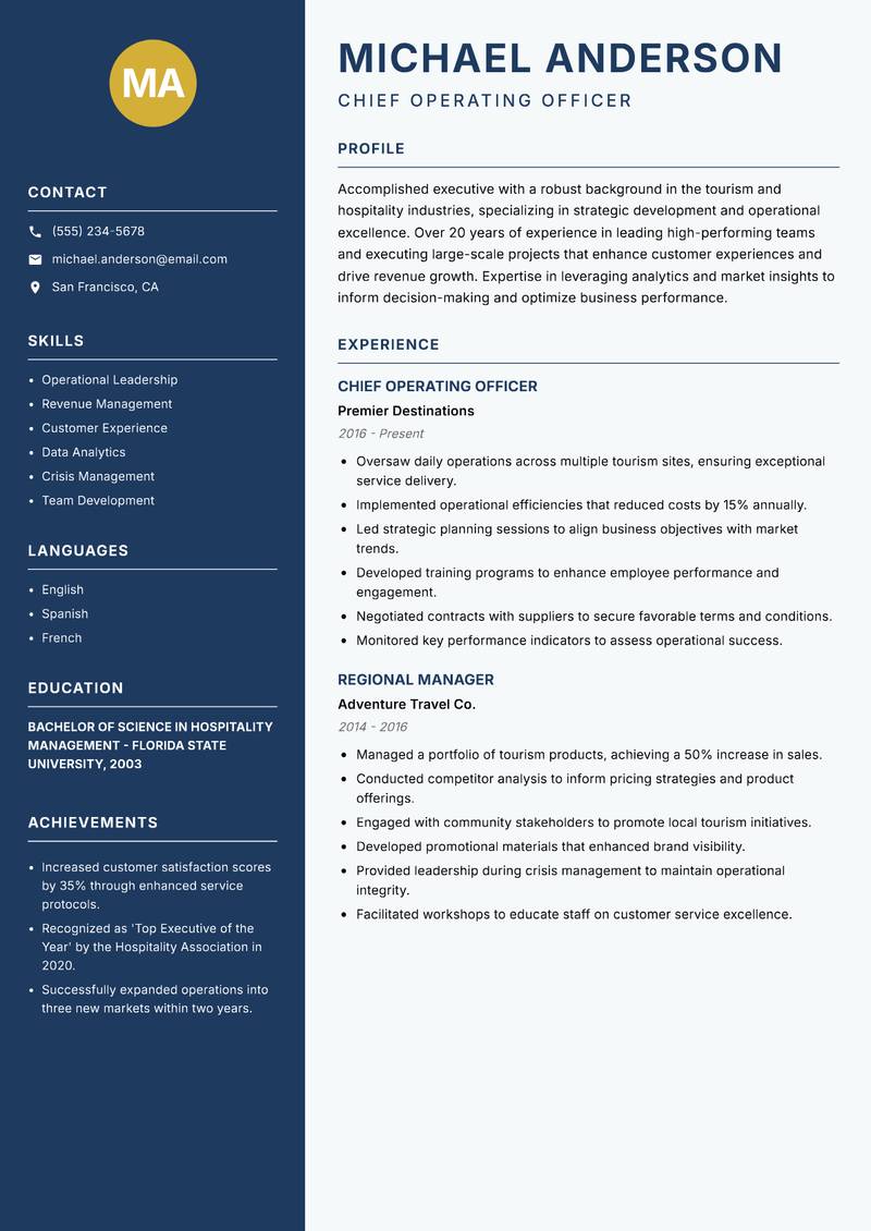 Head of Tourism resume template — Classic Clean