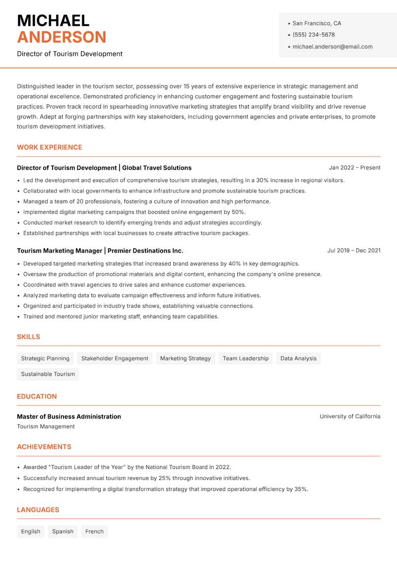 Head of Tourism resume template — Modern Professional