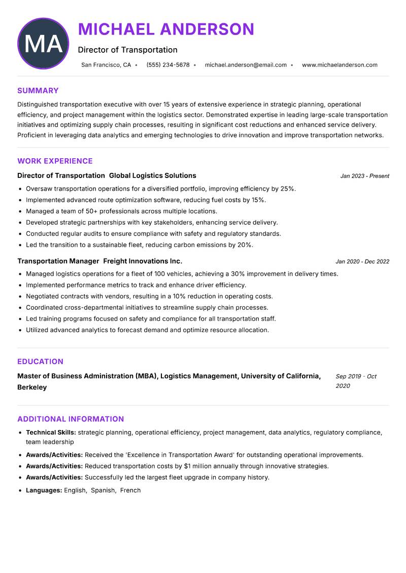 Head of Transportation resume example — ATS-friendly template